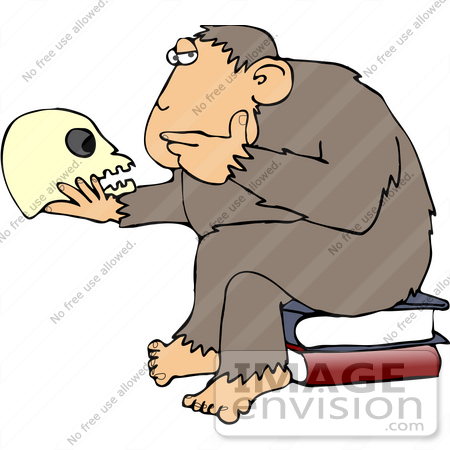 #30960 Clip Art Graphic of a Cartoon Parody of Rheinhold’s "Philosophizing Monkey" Showing a Wise Chimp Seated On Books And Staring At A Human Skull by DJArt