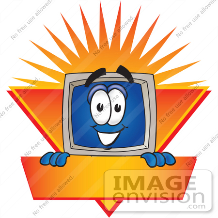 #30966 Clip Art Graphic of a Desktop Computer Cartoon Character Label With an Orange Sunburst by toons4biz