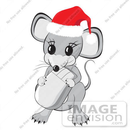 #31837 Clipart Illustration of a Cute Little Gray Mouse Wearing A Red And White Santa Hat And Holding A Computer Mouse by Oleksiy Maksymenko