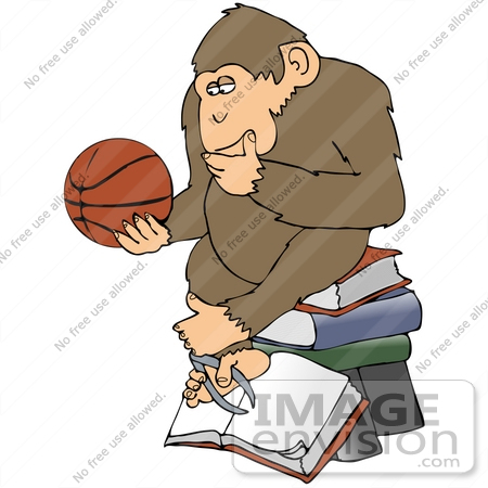 #32070 Clip Art Graphic of a Cartoon Parody of Rheinhold’s "Philosophizing Monkey" Showing a Chimp Holding a Basketball and Sitting on Books by DJArt