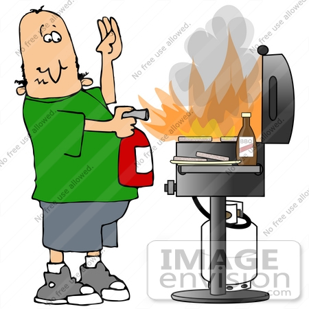#32076 Clip Art Graphic of a Fire Safe Caucasian Man Using an Extinguiser to Put Out a Fire on a Gas Grill by DJArt