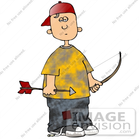 #32079 Clip Art Graphic of a Bored Caucasian Boy Practicing Archery With A Bow And Arrow During An After School Program by DJArt