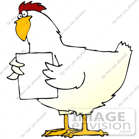 #32084 Clip Art Graphic of a Confused White Rooster Holding Up A Blank White Sign by DJArt