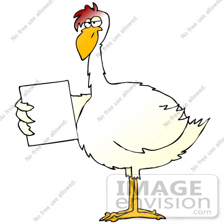 #32086 Clip Art Graphic of a Skinny White Chicken Holding A Blank Sign In Its Wing by DJArt