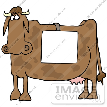 #32087 Clip Art Graphic of a Blank White Sign Hanging Over A Big Brown Cow’s Back by DJArt