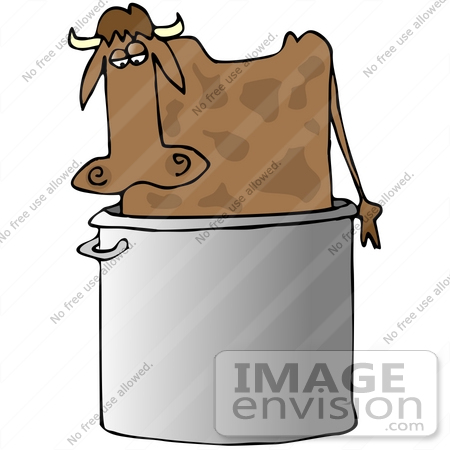 #32088 Clip Art Graphic of a Weird Brown Cow Standing In A Large Stock Pot by DJArt