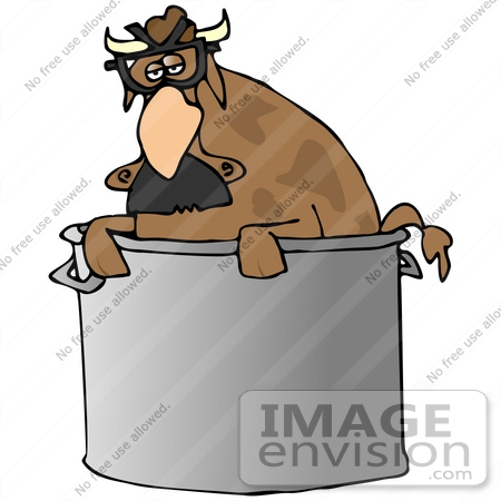 #32089 Clip Art Graphic of a Weird Brown Cow In A Stock Pot, Wearing Glasses And A Hairy Nose by DJArt
