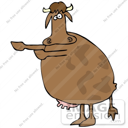 #32090 Clip Art Graphic of a Big Brown Cow Directing Attention To The Left by DJArt
