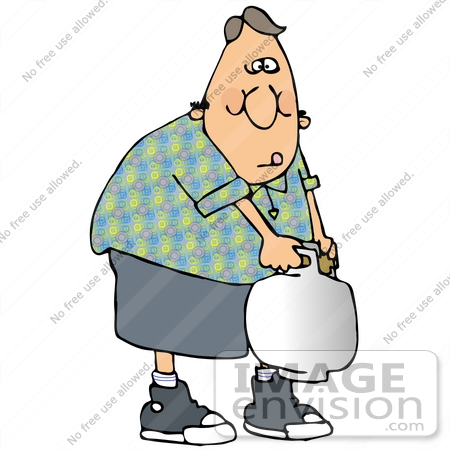 #32095 Clip Art Graphic of a Man Carrying A Very Heavy Propane Tank by DJArt