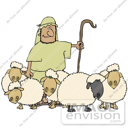 #32096 Clip Art Graphic of a Proud Shepherd Standing In The Middle Of His Flock Of Sheep by DJArt