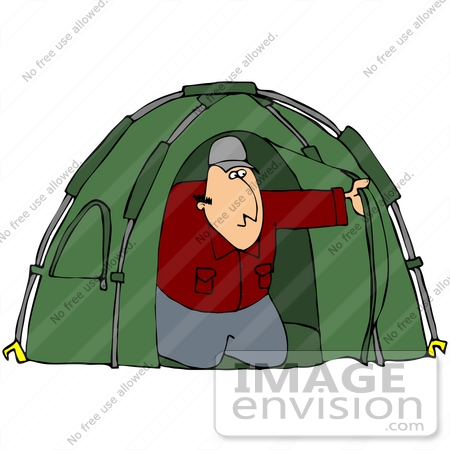 #32098 Clip Art Graphic of a Caucasian Male Camper Peeking Out From Inside His Green Tent by DJArt