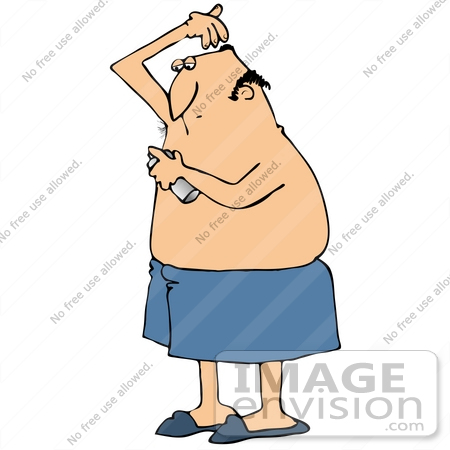 #32109 Clip Art Graphic of a Caucasian Man Spray Deodorant Under His Arms To Prevent Body Odor by DJArt