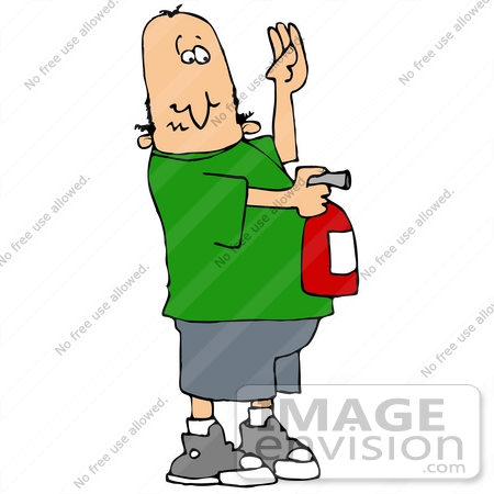 #32115 Clip Art Graphic of a Caucasian Man Learning How To Use An Extinguisher In Case Of A Fire by DJArt