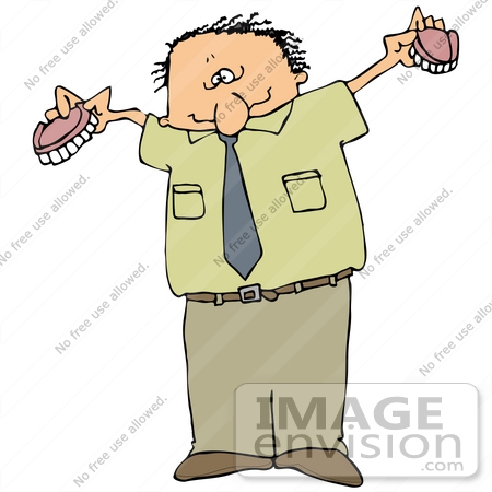 #32116 Clip Art Graphic of a Caucasian Man Holding up His Dentures by DJArt