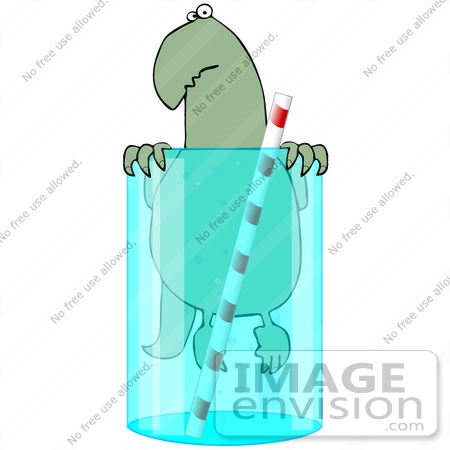 #32117 Clip Art Graphic of a Mini Green Dinosaur Swimming In A Refreshing Glass Of Water by DJArt