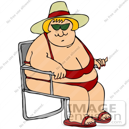 #32120 Clip Art Graphic of a Chubby Cacuasian Bikini-Clad Woman Sitting On A Chair And Sun Bathing On The Beach by DJArt