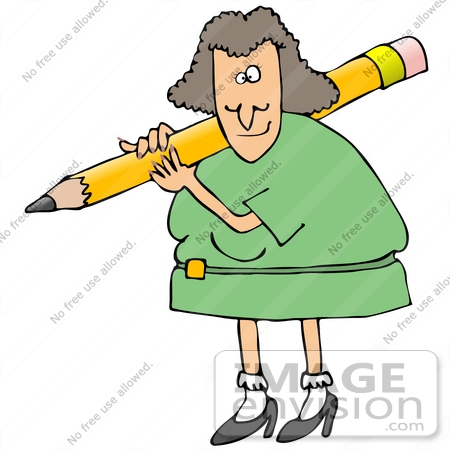 #33014 Clip Art Graphic of a Caucasian Woman Teacher With a Giant Pencil by DJArt