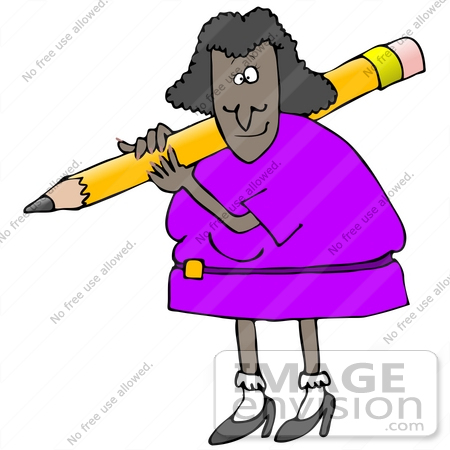 #33015 Clip Art Graphic of an African American Lady Teacher With a Giant Pencil by DJArt