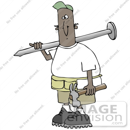 #33016 Clip Art Graphic of an African American Construction Worker Man Wearing a Toolbelt and Carrying a Hammer and Giant Nail by DJArt