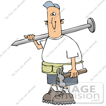#33017 Clip Art Graphic of a Caucasian Construction Worker Guy Wearing A Toolbelt And Carrying A Hammer And Giant Nail by DJArt