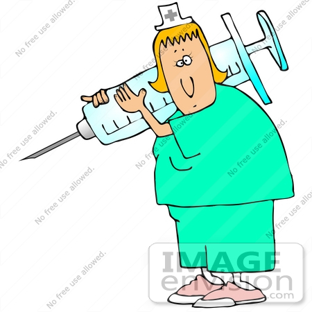 #33018 Clip Art Graphic of a Caucasian Nurse Lady Carrying A Giant Needle In A Syringe by DJArt