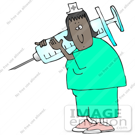 #33021 Clip Art Graphic of an African American Nurse Woman Carrying A Giant Needle In A Syringe by DJArt