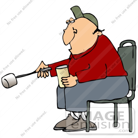 #33023 Clip Art Graphic of a Caucasian Guy Sitting By A Campfire And Roasting A Marshmallow While Drinking Beer by DJArt