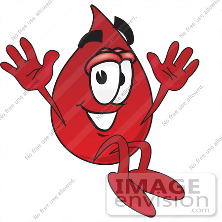 #33361 Clip Art Graphic of a Transfusion Blood Droplet Mascot Cartoon Character Jumping by toons4biz