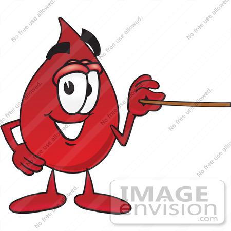 #33362 Clip Art Graphic of a Transfusion Blood Droplet Mascot Cartoon Character Holding a Pointer Stick by toons4biz