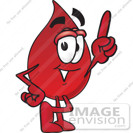#33363 Clip Art Graphic of a Transfusion Blood Droplet Mascot Cartoon Character Pointing Upwards by toons4biz