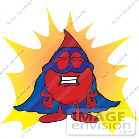 #33365 Clip Art Graphic of a Transfusion Blood Droplet Mascot Cartoon Character Dressed as a Super Hero by toons4biz