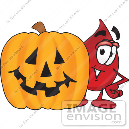 #33366 Clip Art Graphic of a Transfusion Blood Droplet Mascot Cartoon Character With a Carved Halloween Pumpkin by toons4biz