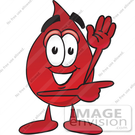 #33368 Clip Art Graphic of a Transfusion Blood Droplet Mascot Cartoon Character Waving and Pointing by toons4biz