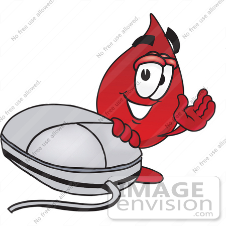 #33369 Clip Art Graphic of a Transfusion Blood Droplet Mascot Cartoon Character With a Computer Mouse by toons4biz