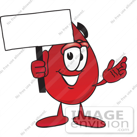 #33370 Clip Art Graphic of a Transfusion Blood Droplet Mascot Cartoon Character Holding a Blank Sign by toons4biz