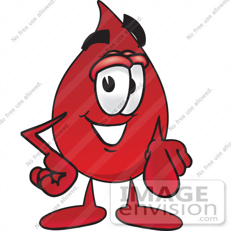 #33371 Clip Art Graphic of a Transfusion Blood Droplet Mascot Cartoon Character Pointing at the Viewer by toons4biz