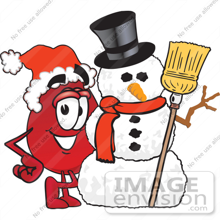 #33372 Clip Art Graphic of a Transfusion Blood Droplet Mascot Cartoon Character With a Snowman on Christmas by toons4biz