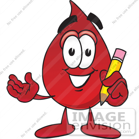 #33374 Clip Art Graphic of a Transfusion Blood Droplet Mascot Cartoon Character Holding a Pencil by toons4biz