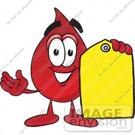 #33376 Clip Art Graphic of a Transfusion Blood Droplet Mascot Cartoon Character Holding a Yellow Sales Price Tag by toons4biz