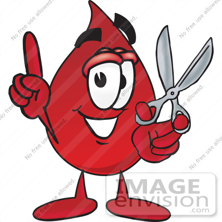 #33378 Clip Art Graphic of a Transfusion Blood Droplet Mascot Cartoon Character Holding a Pair of Scissors by toons4biz