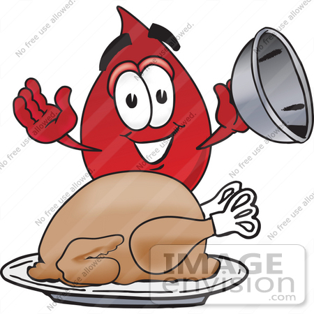 #33380 Clip Art Graphic of a Transfusion Blood Droplet Mascot Cartoon Character Serving a Thanksgiving Turkey on a Platter by toons4biz