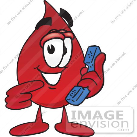 #33383 Clip Art Graphic of a Transfusion Blood Droplet Mascot Cartoon Character Holding a Telephone by toons4biz