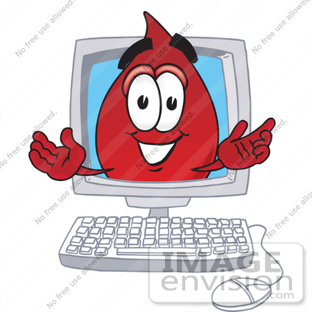 #33384 Clip Art Graphic of a Transfusion Blood Droplet Mascot Cartoon Character Waving From Inside a Computer Screen by toons4biz