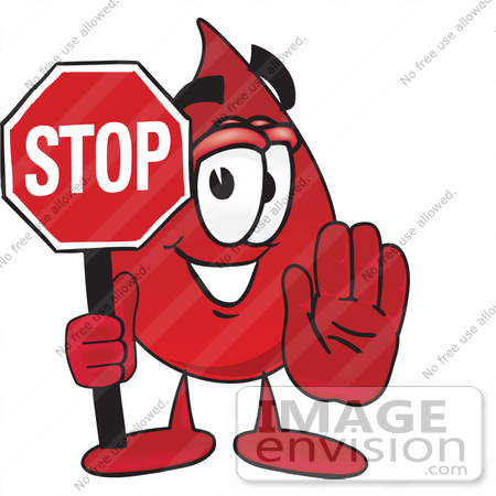 #33385 Clip Art Graphic of a Transfusion Blood Droplet Mascot Cartoon Character Holding a Stop Sign by toons4biz