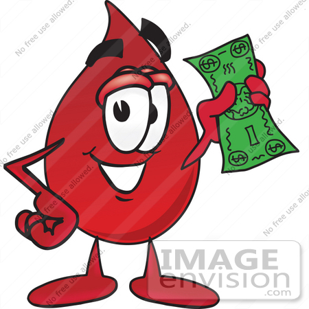 #33388 Clip Art Graphic of a Transfusion Blood Droplet Mascot Cartoon Character Holding a Dollar Bill by toons4biz