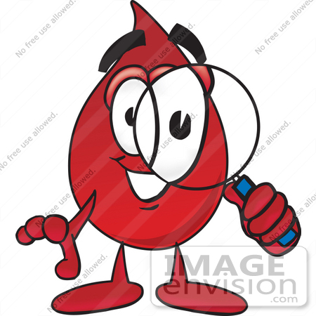#33389 Clip Art Graphic of a Transfusion Blood Droplet Mascot Cartoon Character Looking Through a Magnifying Glass by toons4biz