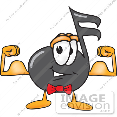 #33393 Clip Art Graphic of a Semiquaver Music Note Mascot Cartoon Character Flexing His Arm Muscles by toons4biz