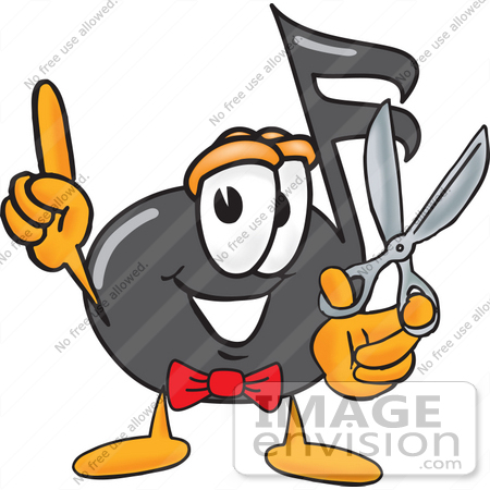 #33396 Clip Art Graphic of a Semiquaver Music Note Mascot Cartoon Character Holding a Pair of Scissors by toons4biz