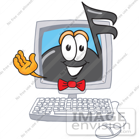 #33402 Clip Art Graphic of a Semiquaver Music Note Mascot Cartoon Character Waving From Inside a Computer Screen by toons4biz