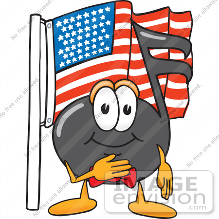 #33405 Clip Art Graphic of a Semiquaver Music Note Mascot Cartoon Character Pledging Allegiance to an American Flag by toons4biz